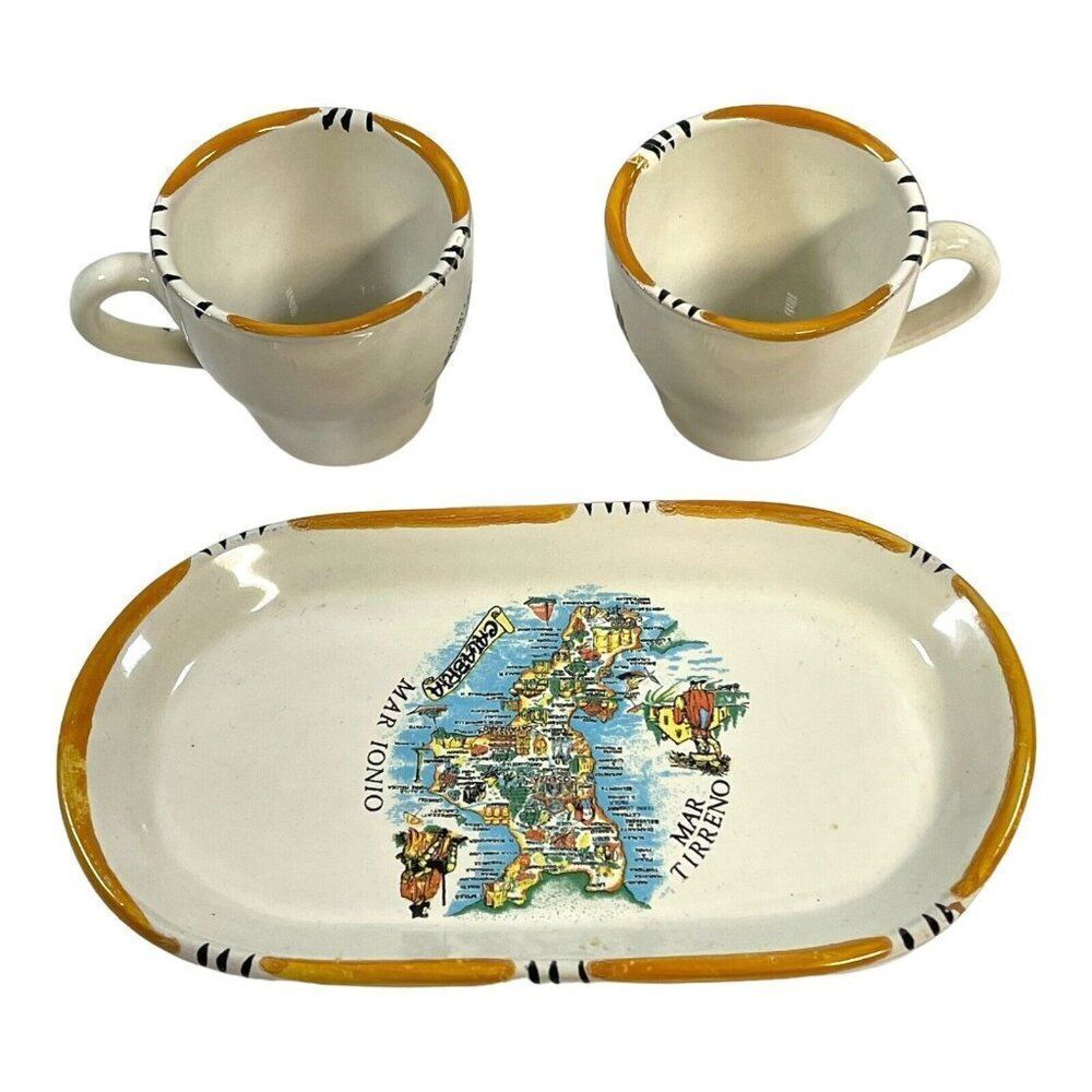 Italian Souvenir Coffee Tea Set 2 Cups Mugs Pottery Calabria VTG map landmarks